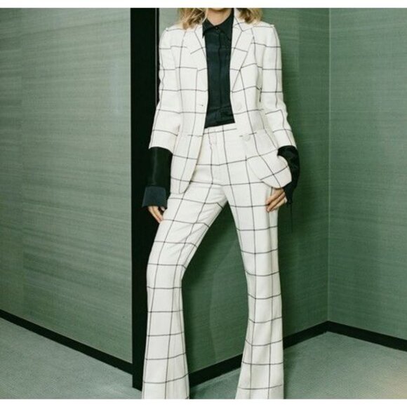 Tory Burch Sz 6 Blazer Holt Windowpane 2 Button Ivory Black Wool New 3/4 Sleeve - Picture 3 of 9